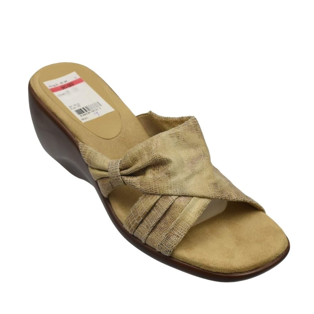 Aerosoles Womens 9 Tan Snakeskin Wedge Sandals Slip On Summer Boho Comfort Shoes